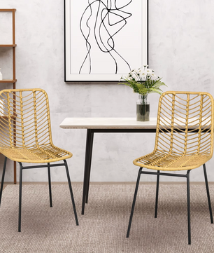 Set van 2 Boheemse Eetkamerstoelen – Synthetisch Rotan en Zwarte Stalen Poten