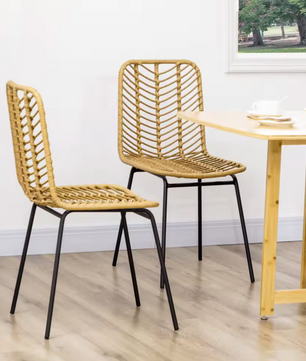 Set van 2 Boheemse Eetkamerstoelen – Synthetisch Rotan en Zwarte Stalen Poten