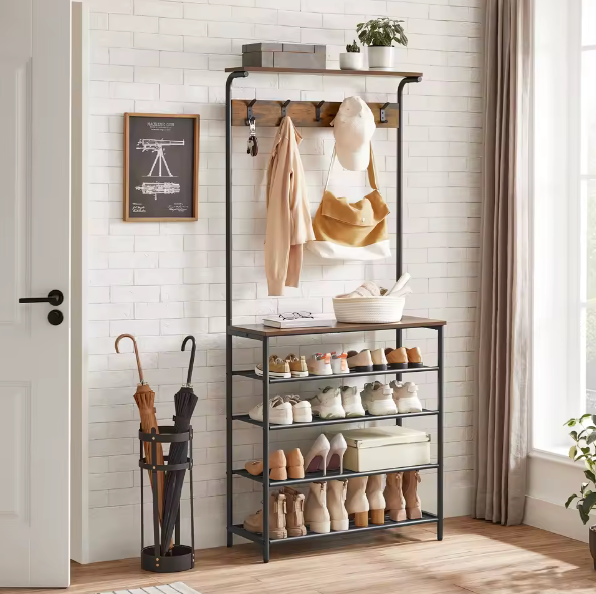 Kapstok met Schoenenrek en Plank – Vintage bruin en zwart
