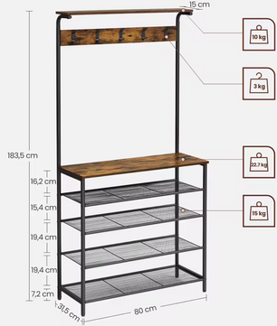 Kapstok met Schoenenrek en Plank – Vintage bruin en zwart