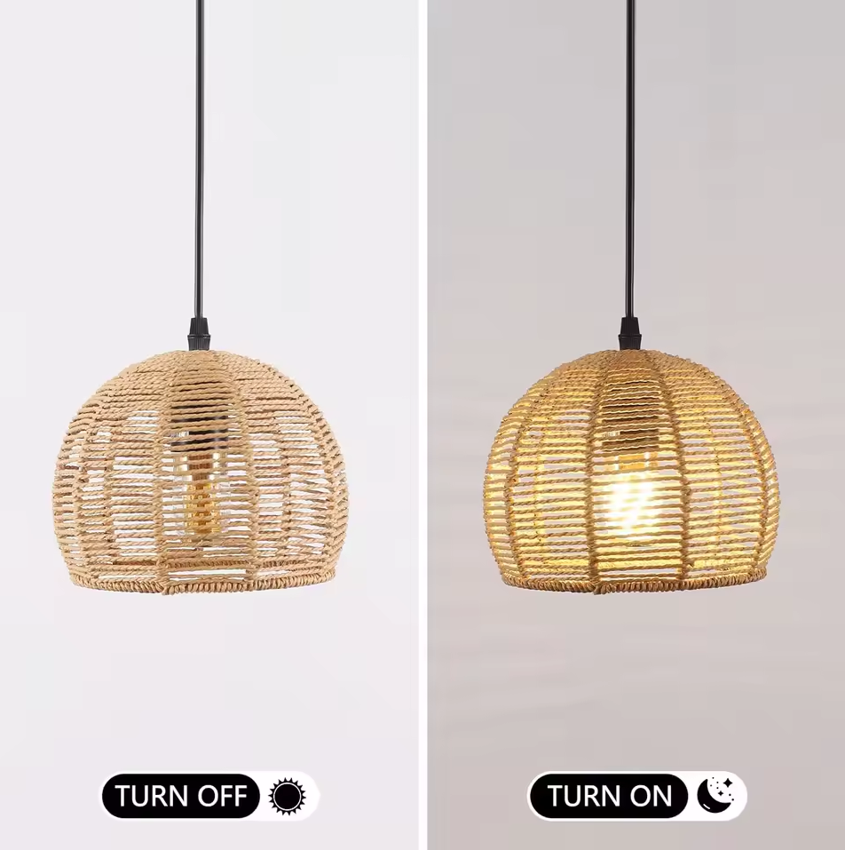 Boho Rotan Plafondlamp – Handgeweven Papieren Touwkap