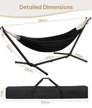 Dubbele Hangmat met Standaard – 250 kg Capaciteit – Voor 2 Personen – 280x105x100 cm – Inclusief Draagtas