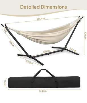 Dubbele Hangmat met Standaard – 250 kg Capaciteit – Voor 2 Personen – 280x105x100 cm – Inclusief Draagtas
