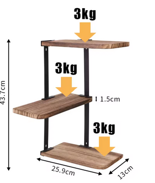 3-Lagen Wandgemonteerde Stellingkast – Rustieke Houten Wandrekken – Zwart IJzeren Frame