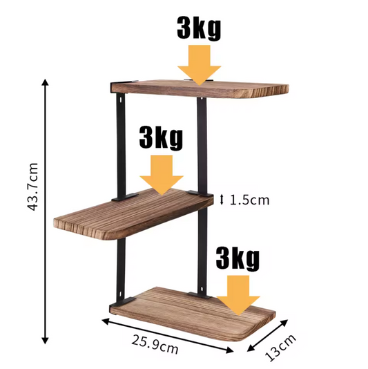 3-Lagen Wandgemonteerde Stellingkast – Rustieke Houten Wandrekken – Zwart IJzeren Frame