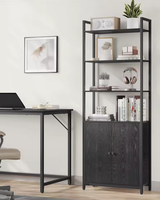 Stellingkast Met 6 Niveaus – Zwart en Ebbenhout – Metalen Frame
