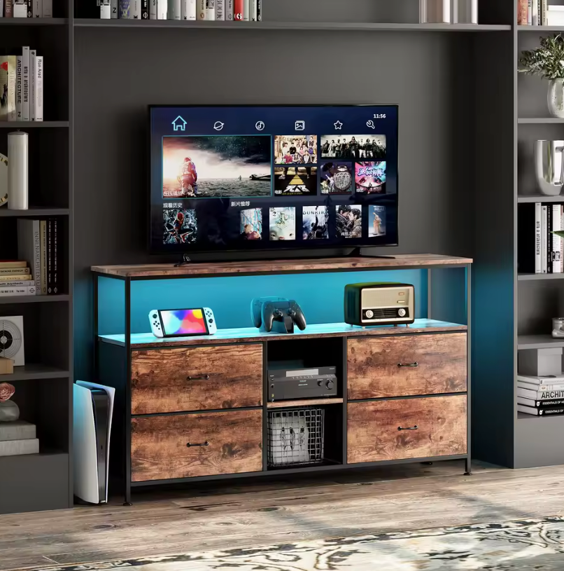 TV-kast / Ladekast met LED-verlichting – 107x30x77 cm – Dressoir met 4 Stoffen Lades en 2 Open Vakken