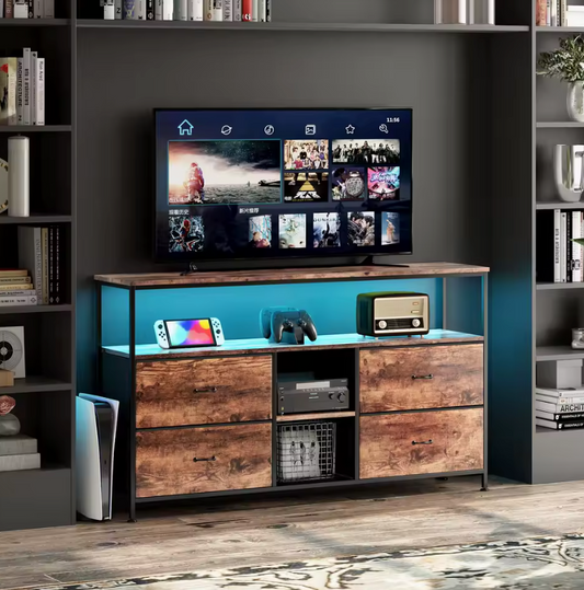 TV-kast / Ladekast met LED-verlichting – 107x30x77 cm – Dressoir met 4 Stoffen Lades en 2 Open Vakken
