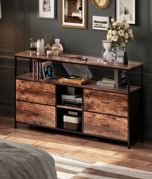 TV-kast / Ladekast met LED-verlichting – 107x30x77 cm – Dressoir met 4 Stoffen Lades en 2 Open Vakken