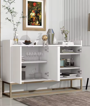 Modern Design Dressoir – Minimalistische 4-Deurs Handloze Buffetkast – Wit