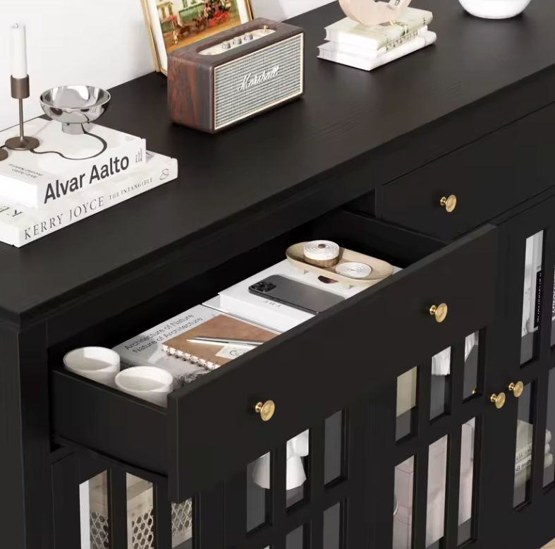 Dressoir 140 cm – Keukenkast met 2 Laden en 4 Glazen Deuren – Zwart of Wit