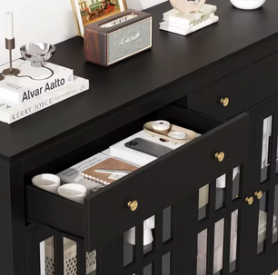 Dressoir 140 cm – Keukenkast met 2 Laden en 4 Glazen Deuren – Zwart of Wit