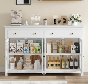 Dressoir 140 cm – Keukenkast met 2 Laden en 4 Glazen Deuren – Zwart of Wit