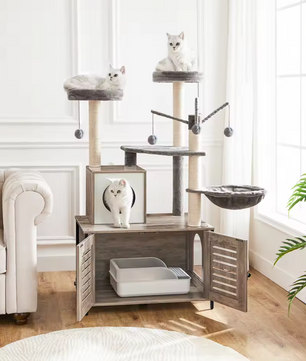 Alles-in-één Kattenklimboom met Verborgen Kattenbak, Hangmat en Speelplekken – 132cm Hoog, Greige
