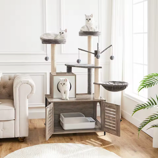 Alles-in-één Kattenklimboom met Verborgen Kattenbak, Hangmat en Speelplekken – 132cm Hoog, Greige