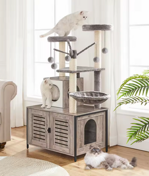 Alles-in-één Kattenklimboom met Verborgen Kattenbak, Hangmat en Speelplekken – 132cm Hoog, Greige