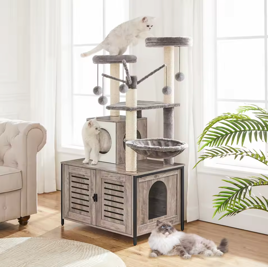 Alles-in-één Kattenklimboom met Verborgen Kattenbak, Hangmat en Speelplekken – 132cm Hoog, Greige