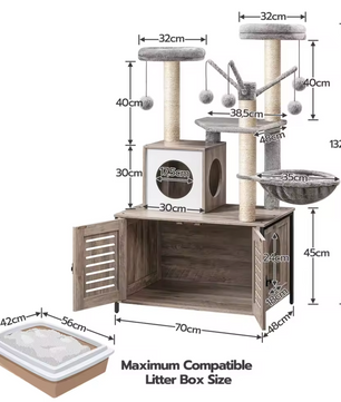 Alles-in-één Kattenklimboom met Verborgen Kattenbak, Hangmat en Speelplekken – 132cm Hoog, Greige