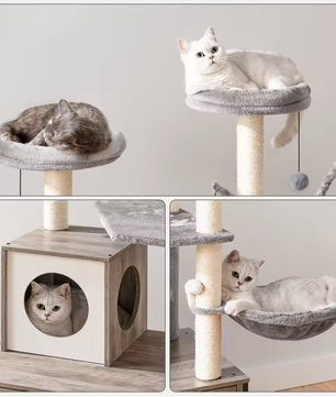 Alles-in-één Kattenklimboom met Verborgen Kattenbak, Hangmat en Speelplekken – 132cm Hoog, Greige
