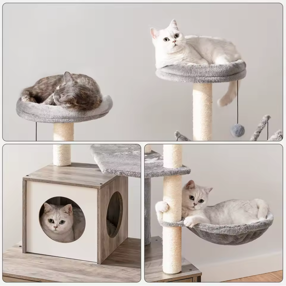 Alles-in-één Kattenklimboom met Verborgen Kattenbak, Hangmat en Speelplekken – 132cm Hoog, Greige