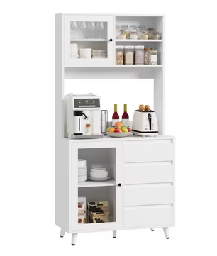 Witte Hoge Keukenkast met Glazen Deuren, 4 Lades en Werkblad – 180x80x40cm