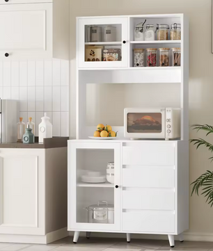 Witte Hoge Keukenkast met Glazen Deuren, 4 Lades en Werkblad – 180x80x40cm