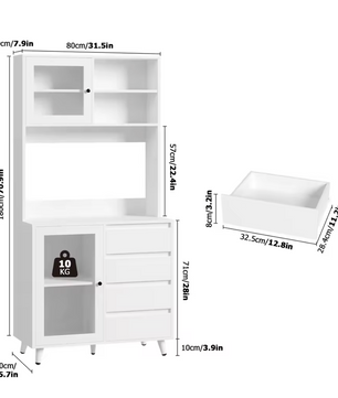 Witte Hoge Keukenkast met Glazen Deuren, 4 Lades en Werkblad – 180x80x40cm