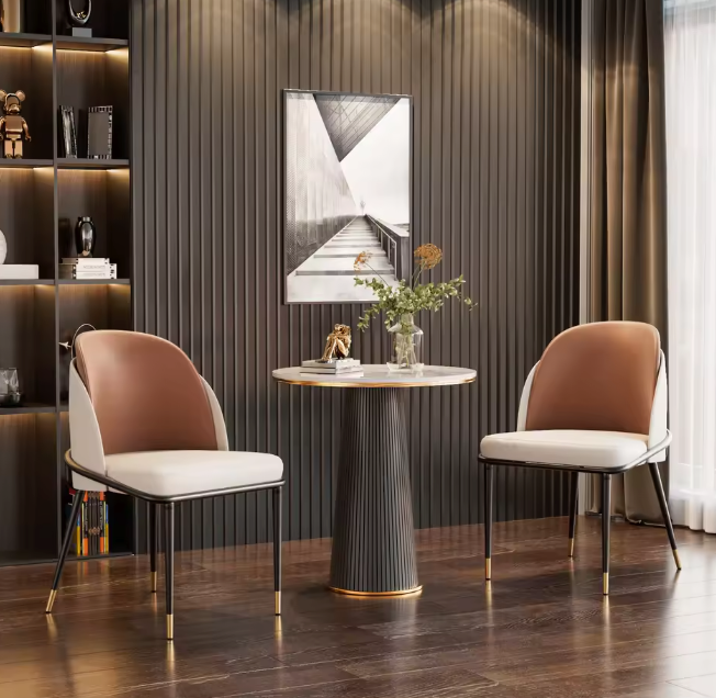 Set van 2 Luxe Gestoffeerde Eetkamerstoelen – Microvezel Siliconenleer – Met IJzeren Poten en Dubbele Rugleuning