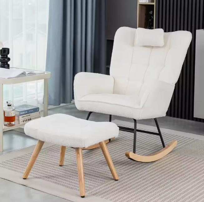 Comfortabele Schommelstoel met Voetsteun – Rubberen Houten Frame – Loungestoel voor Ontspanning
