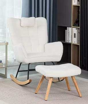 Comfortabele Schommelstoel met Voetsteun – Rubberen Houten Frame – Loungestoel voor Ontspanning