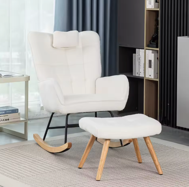 Comfortabele Schommelstoel met Voetsteun – Rubberen Houten Frame – Loungestoel voor Ontspanning