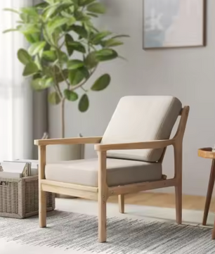 Moderne Loungestoel met Houten Frame – Afneembare Kussens & Linnenlook Bekleding – Comfortabele Accentstoel voor Woonkamer of Lounge