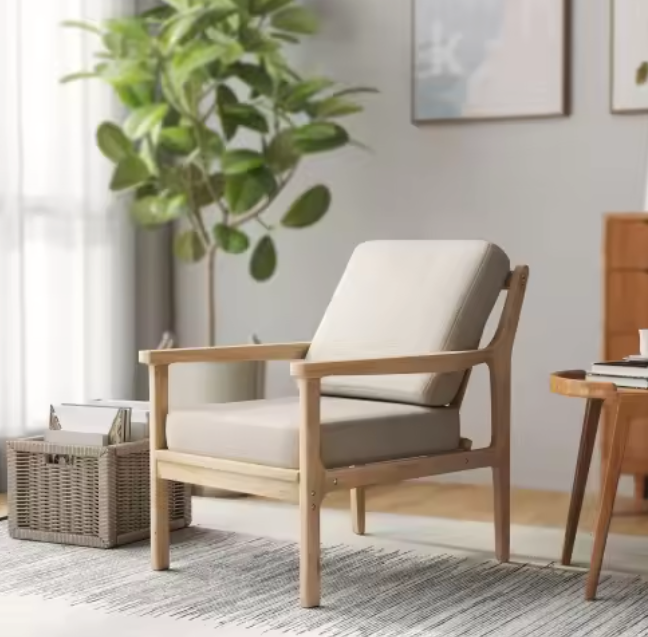 Moderne Loungestoel met Houten Frame – Afneembare Kussens & Linnenlook Bekleding – Comfortabele Accentstoel voor Woonkamer of Lounge