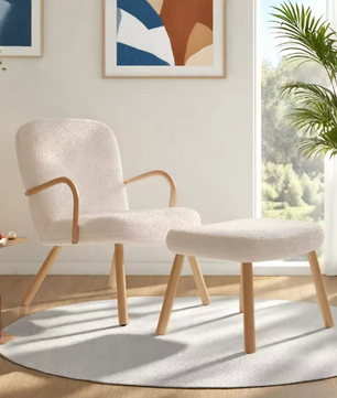 Fauteuil met Poef – Sherpa Bouclé Stoffering & Roestvrijstalen Poten – Hoge Rugleuning voor Extra Comfort
