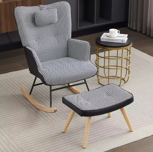 Schommelstoel met Voetensteun en Hoofdsteun – Geruit – Ergonomisch Design & Zijvakken – Comfortabele Geruite Fauteuil voor Woonkamer of Kinderkamer