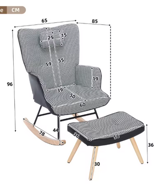 Schommelstoel met Voetensteun en Hoofdsteun – Geruit – Ergonomisch Design & Zijvakken – Comfortabele Geruite Fauteuil voor Woonkamer of Kinderkamer