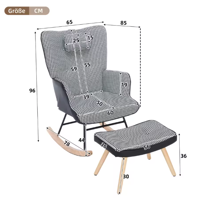 Schommelstoel met Voetensteun en Hoofdsteun – Geruit – Ergonomisch Design & Zijvakken – Comfortabele Geruite Fauteuil voor Woonkamer of Kinderkamer