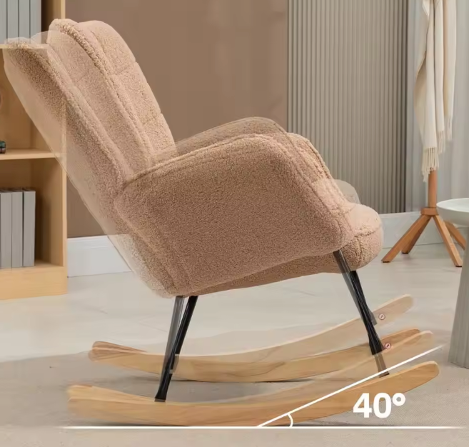 Bruine Schommelstoel – Berberfleece Relaxfauteuil met Armleuningen & Houten Onderstel, Comfortabel en Stabiel
