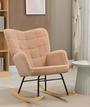Bruine Schommelstoel – Berberfleece Relaxfauteuil met Armleuningen & Houten Onderstel, Comfortabel en Stabiel