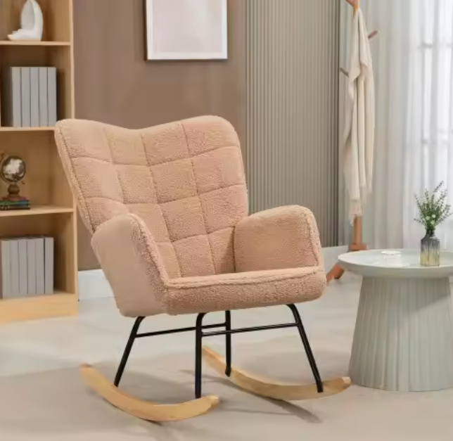 Bruine Schommelstoel – Berberfleece Relaxfauteuil met Armleuningen & Houten Onderstel, Comfortabel en Stabiel
