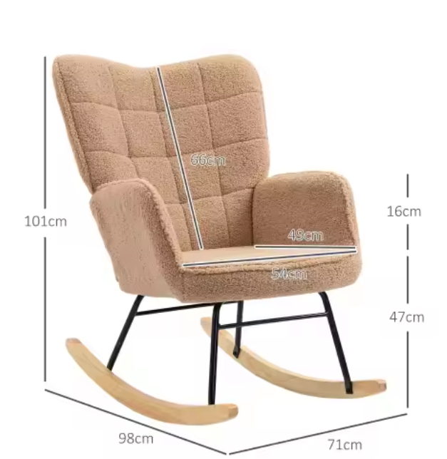 Bruine Schommelstoel – Berberfleece Relaxfauteuil met Armleuningen & Houten Onderstel, Comfortabel en Stabiel