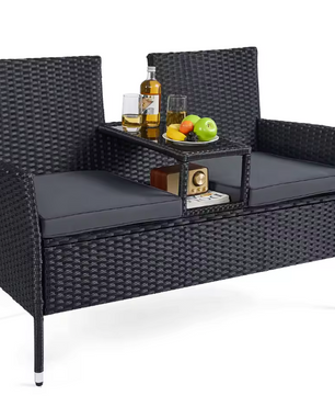 2-in-1 Balkonbank van Rotan – Met Tafel, Kussens & Glastop – Zwart