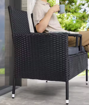 2-in-1 Balkonbank van Rotan – Met Tafel, Kussens & Glastop – Zwart
