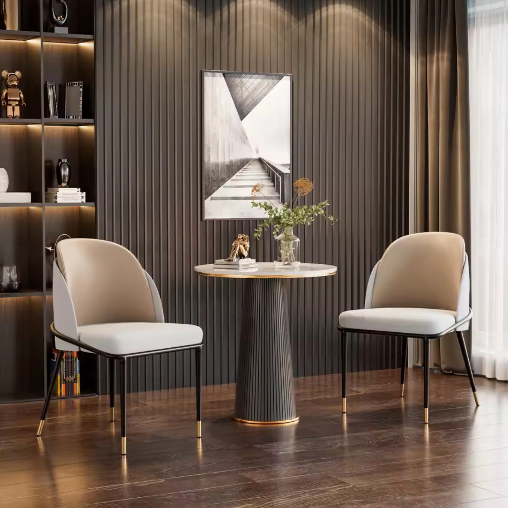 Set van 2 Luxe Gestoffeerde Eetkamerstoelen – Microvezel Siliconenleer – Met IJzeren Poten en Dubbele Rugleuning