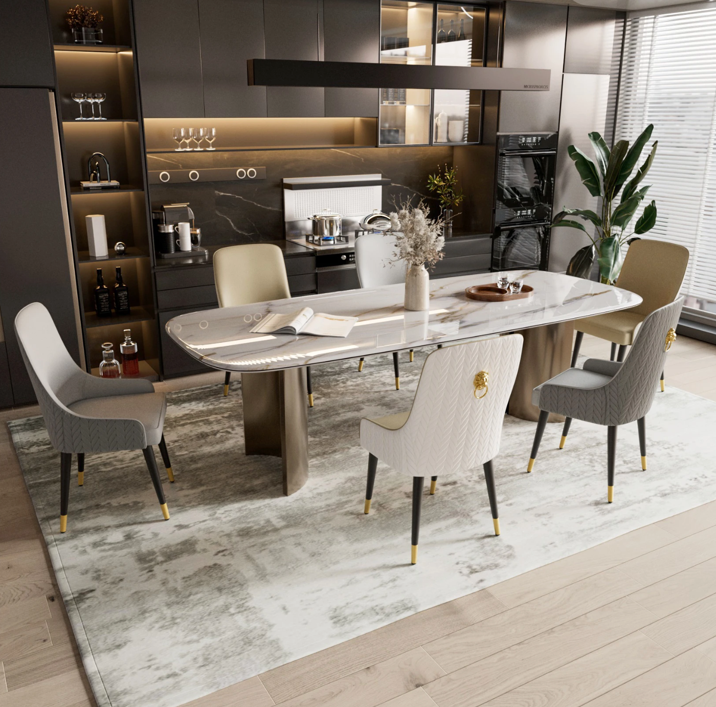 Set van 2 Luxe Eetkamerstoelen – PU Leer met Gouden Leeuwenkop Trekring – Hoge Getufte Rugleuning & Metalen Poten