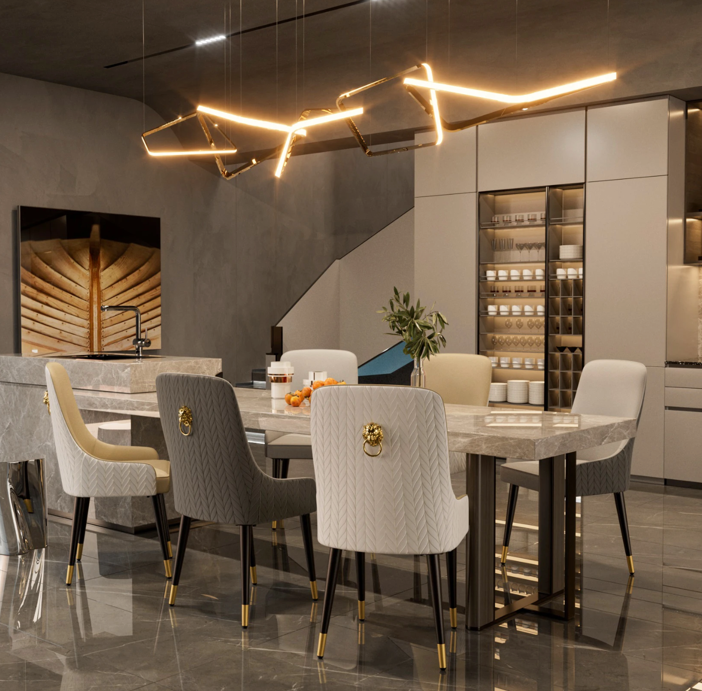 Set van 2 Luxe Eetkamerstoelen – PU Leer met Gouden Leeuwenkop Trekring – Hoge Getufte Rugleuning & Metalen Poten