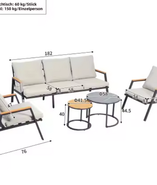 5-Delige Tuinset met Kussens – Marmerglas & Kunsthout