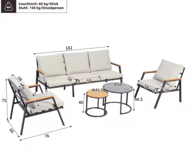 5-Delige Tuinset met Kussens – Marmerglas & Kunsthout