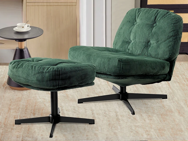 Moderne Opvouwbare Accentstoel met Poef – 360° Draaibare Getufte Loungestoel – Bouclé Stoffering & Verdikt Kussen – Voor Woonkamer en Loungehoek