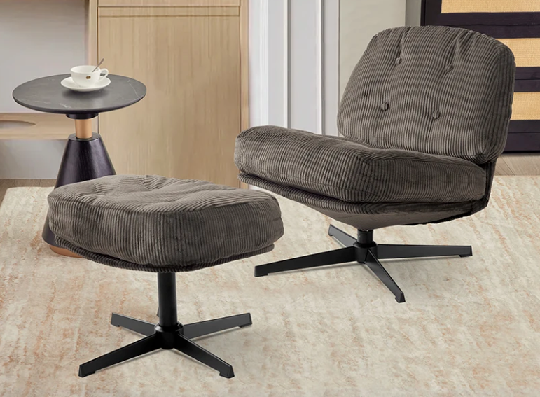 Moderne Opvouwbare Accentstoel met Poef – 360° Draaibare Getufte Loungestoel – Bouclé Stoffering & Verdikt Kussen – Voor Woonkamer en Loungehoek